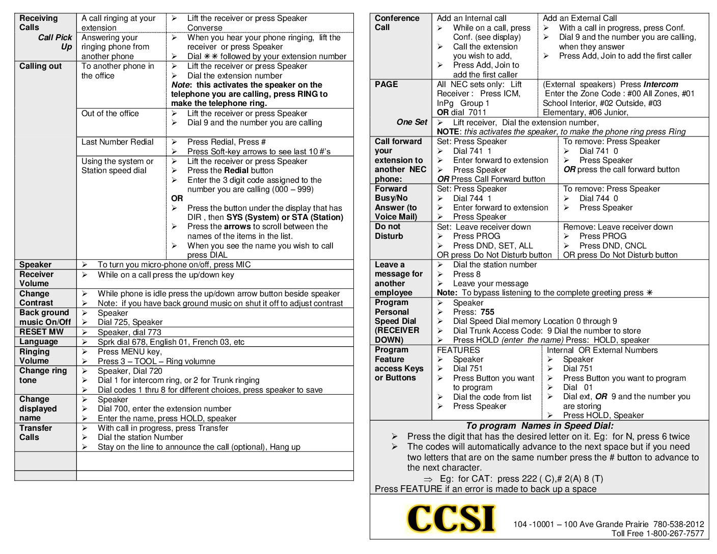 SL1100 Telephone System Cheat Sheet