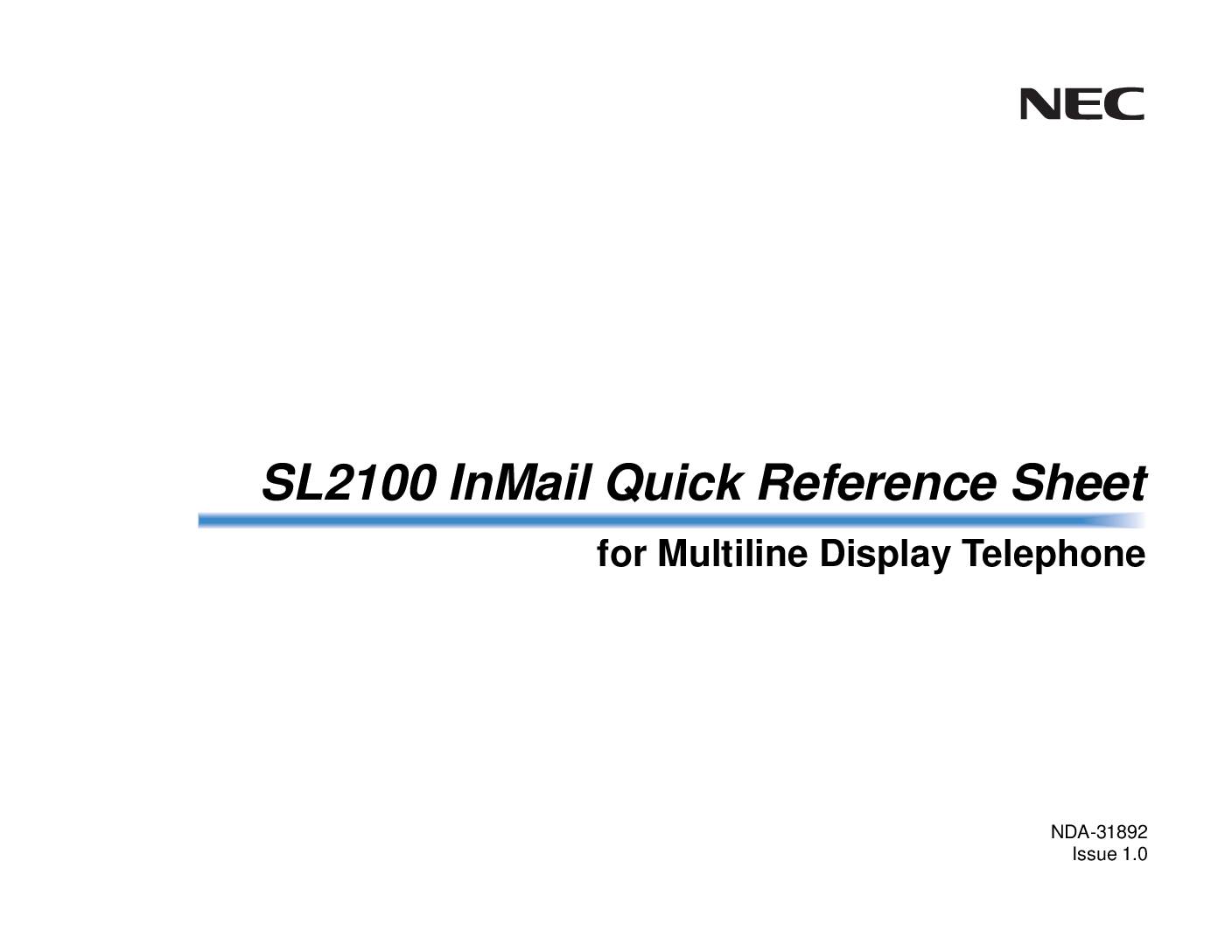 SL2100 InMail Reference Sheet for MultilineTel